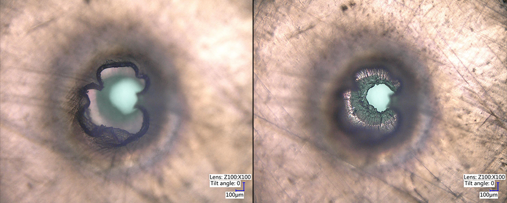 Overhead imagery looking into an impact through-hole on Bay 5 multi-layer insulation (MLI). Left image is focused closest to observer, right image is focused on the exit hole. Credit: NASA ODPO.