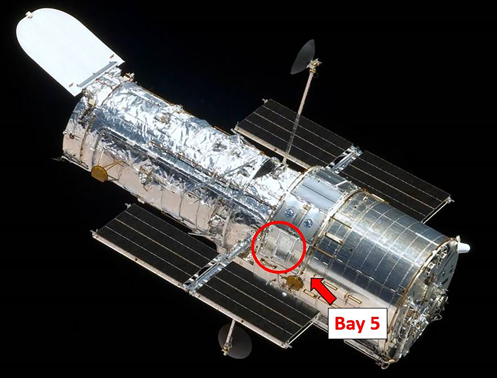 Location of one of the multi-layer insulation (MLI) sheets, in this case, Bay 5, on the Hubble Space Telescope. Credit: NASA.
