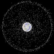 The GEO Polar images are generated from a vantage point above the north pole, showing 
									the concentrations of objects in LEO and in the geosynchronous region. Credit: NASA ODPO.