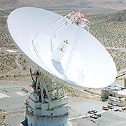 70-m Goldstone antenna located near Barstow, CA. When operated as a bi-static 
									radar, Goldstone is capable of detecting 2 mm debris at altitudes below 1,000 km. 
									Credit: NASA JPL.