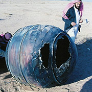 On 21 January 2001, a Delta 2 third stage, known as a PAM-D (Payload Assist Module 
									- Delta), reentered the atmosphere over the Middle East. The titanium motor casing of the PAM-D, 
									weighing about 70 kg, landed in Saudi Arabia about 240 km from the capital of Riyadh. Credit: 
									Space Research Institute, King Abdulaziz City for Science and Technology, Riyadh, Saudi Arabia.