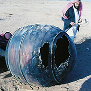 On 21 January 2001, a Delta 2 third stage, known as a PAM-D (Payload Assist Module 
									- Delta), reentered the atmosphere over the Middle East. The titanium motor casing of the PAM-D, 
									weighing about 70 kg, landed in Saudi Arabia about 240 km from the capital of Riyadh. Credit: 
									Space Research Institute, King Abdulaziz City for Science and Technology, Riyadh, Saudi Arabia.